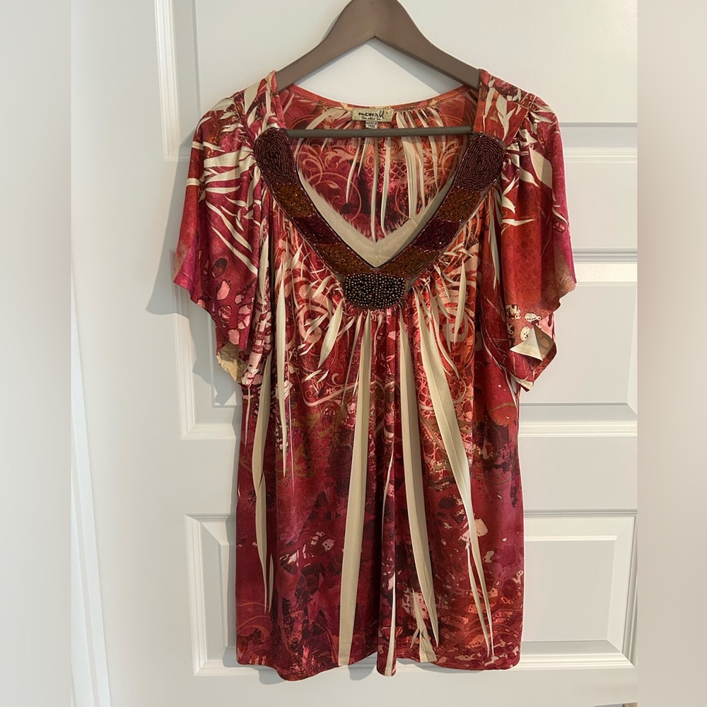 One World Beaded Top Red Tan Size L